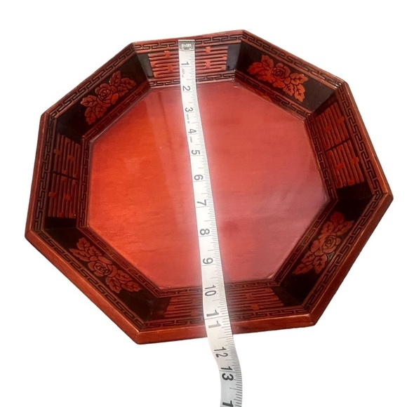Set  Vintage‎ Asian Red Hand Carved Wooden Lacquerware Octagonal Decorative Tray - Picture 12 of 15